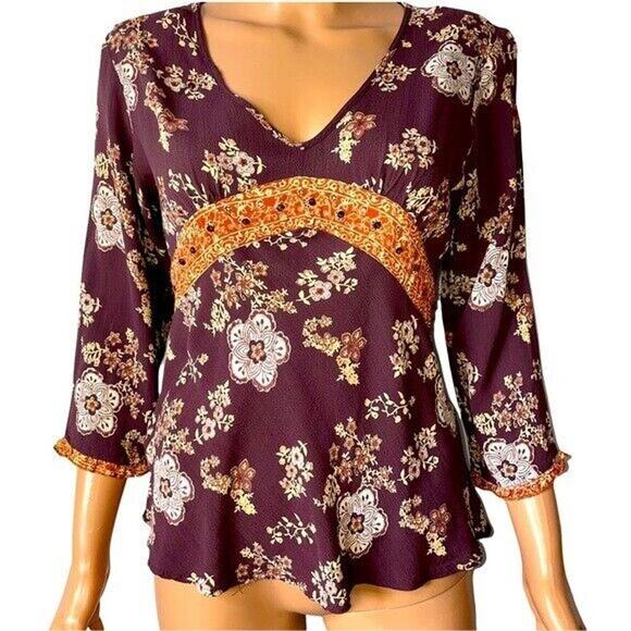 Quizz Bazaar flowy floral boho burgundy top SZ L lace detailing - Picture 2 of 10